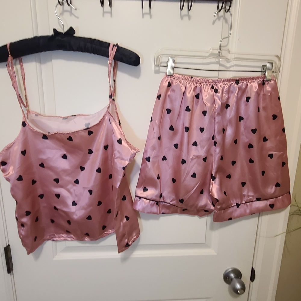 Pijama Pink Satin Cami&Short PJ Set With Black Hearts Size Small/Medium Approx. - Picture 5 of 16